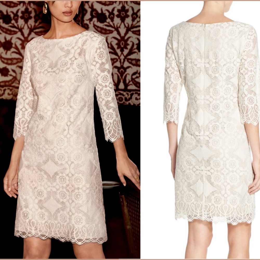 Eliza J Women's Geometric Lace Bodycon Dress Short Sleeve Ivory Size 10
